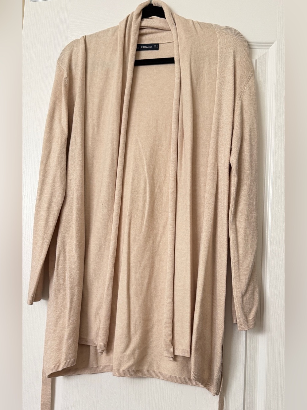 ZARA Knit Open Front Long Cardigan Sweater Beige Oatmeal Shawl Collar Size S